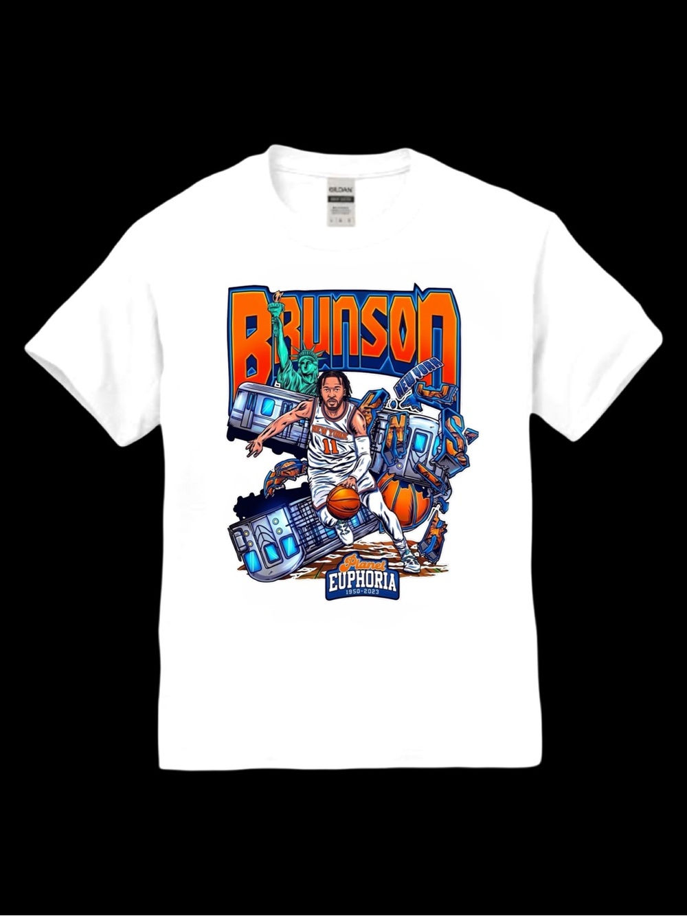 Gildan White T-Shirt with Orange and Blue Brunson Graphic